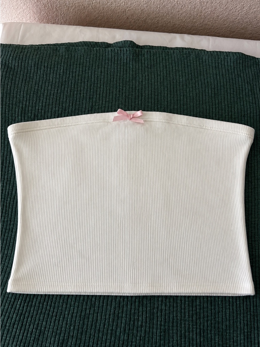 Chocolate Cream Ribbed Strapless Top with Pink Tab